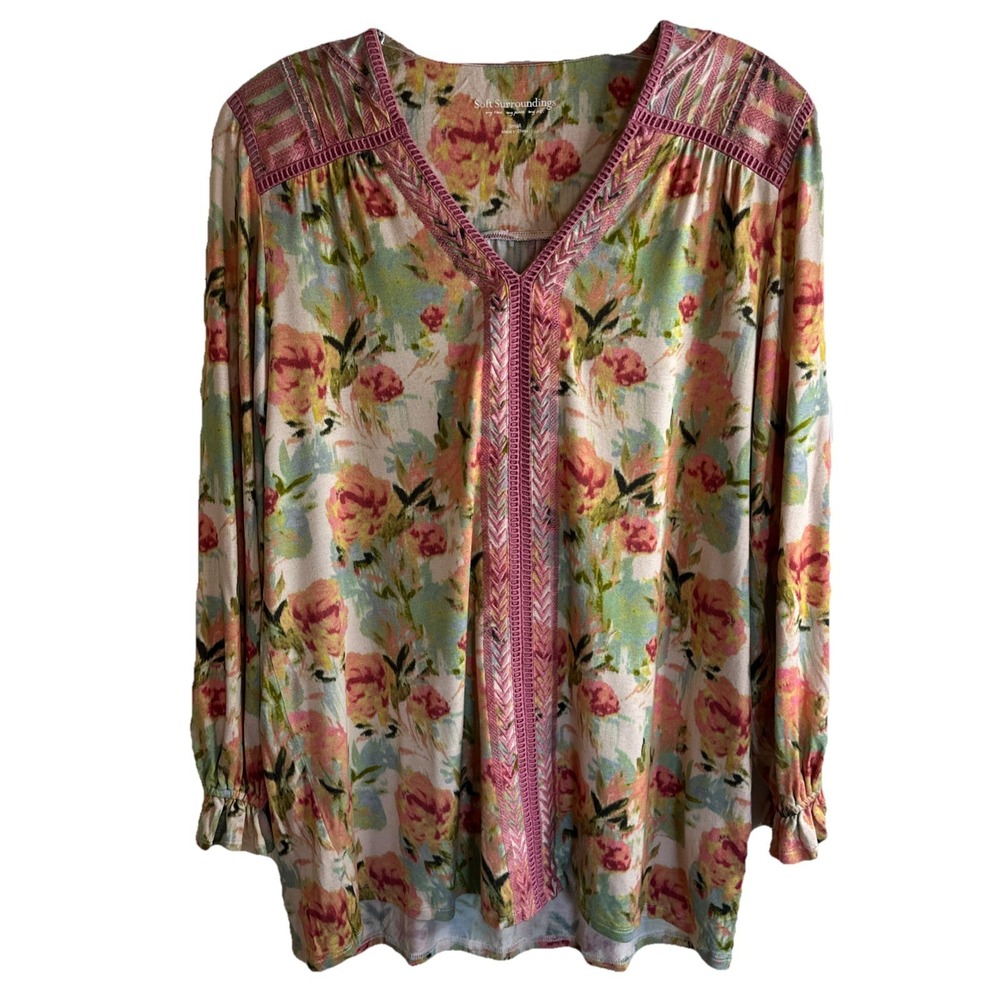 Soft Surroundings Essex Abstract Floral Knit Embroidered Trim Top Blouse Small